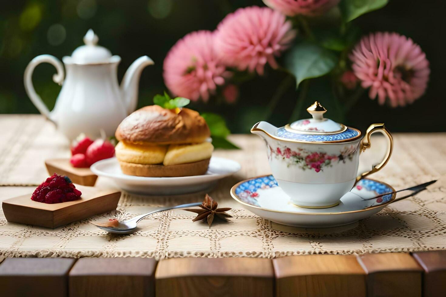 Tee und Kuchen auf ein Tabelle mit Blumen. KI-generiert foto