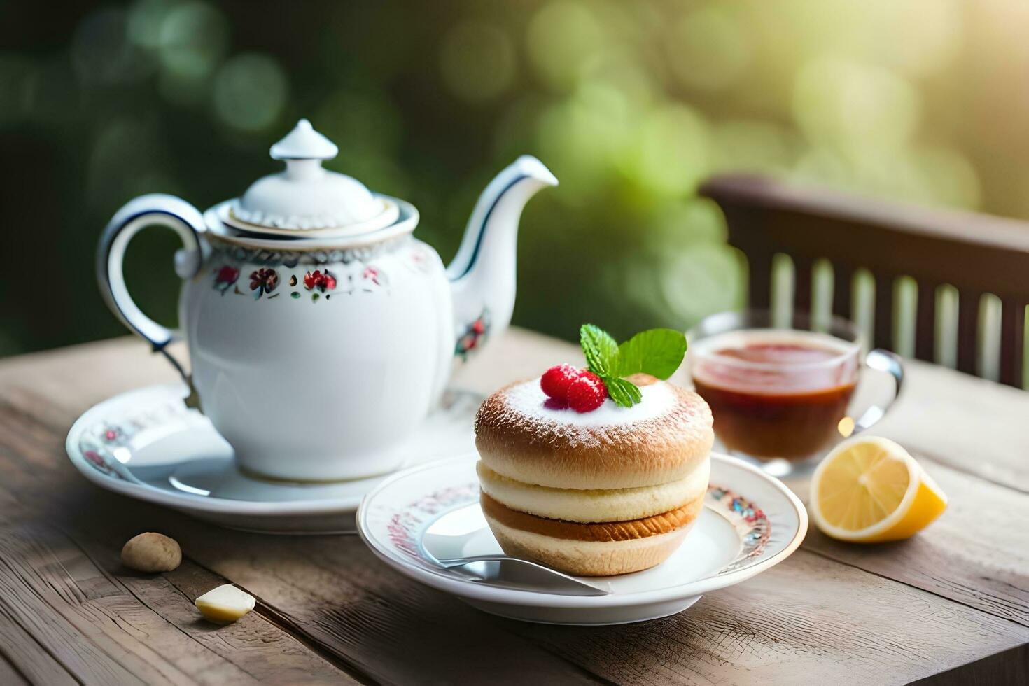 ein Tasse von Tee und ein Kuchen auf ein hölzern Tisch. KI-generiert foto