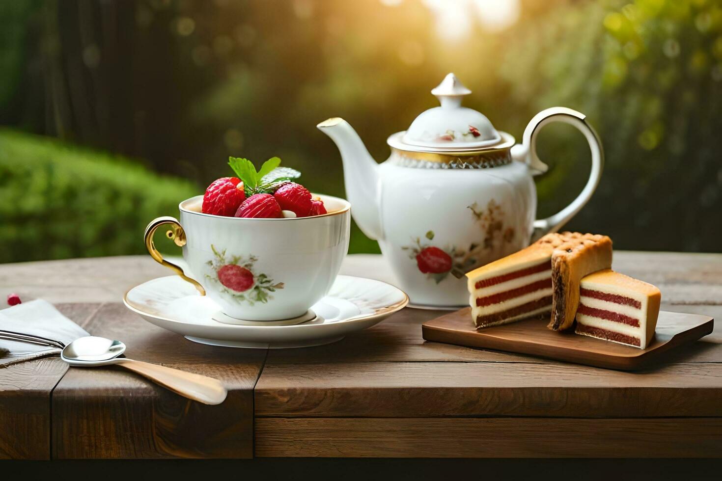 ein Tasse von Tee und ein Kuchen mit Himbeeren auf ein Tisch. KI-generiert foto