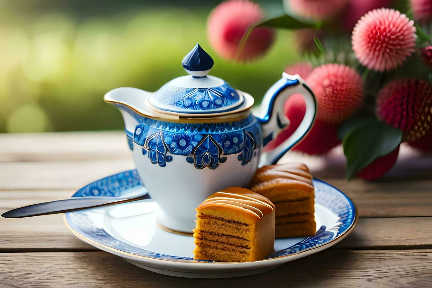 Blau und Weiß Porzellan Teekanne und Kuchen auf hölzern Tabelle mit Blumen. KI-generiert foto