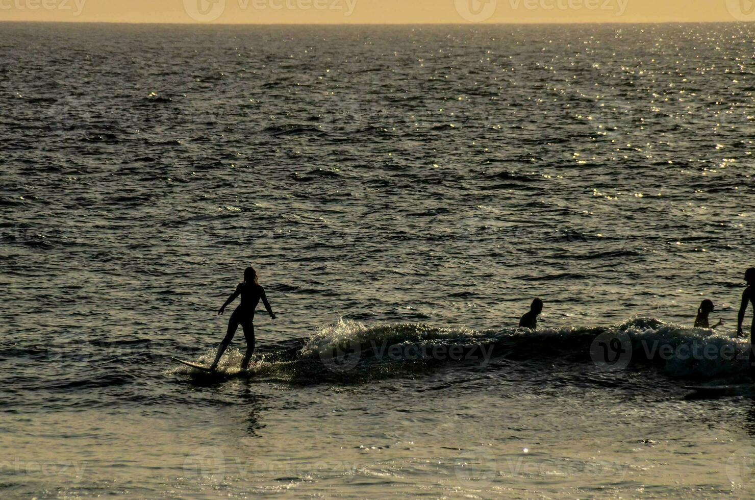 ein Gruppe von Menschen auf Surfbretter im das Ozean foto