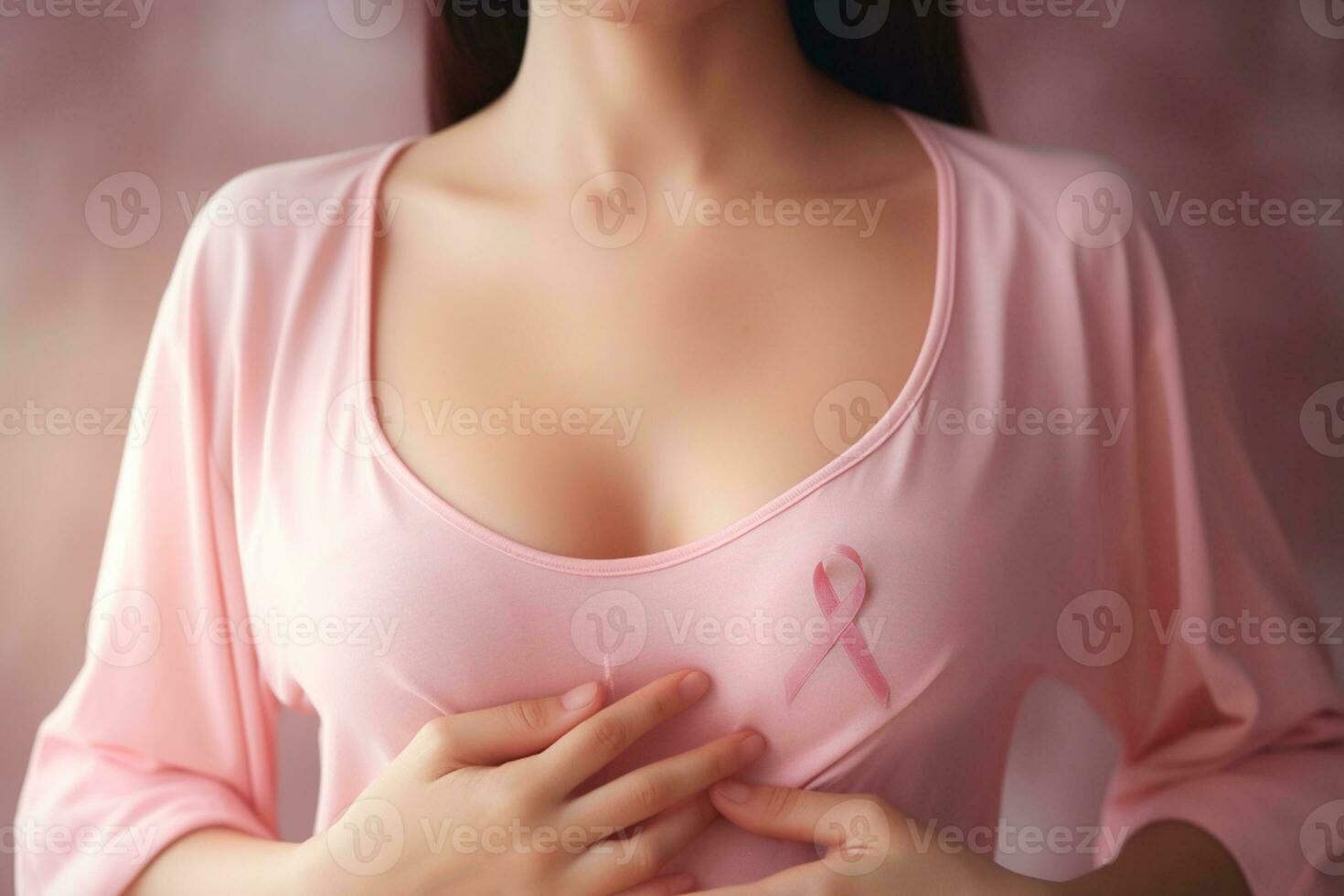Rosa Oktober - - Brust Krebs Bewusstsein. Frau mit Rosa Bluse und klein Bogen. International Bewusstsein Bewegung zum das früh Erkennung von Brust Krebs, Rosa Oktober - - generiert durch ai foto