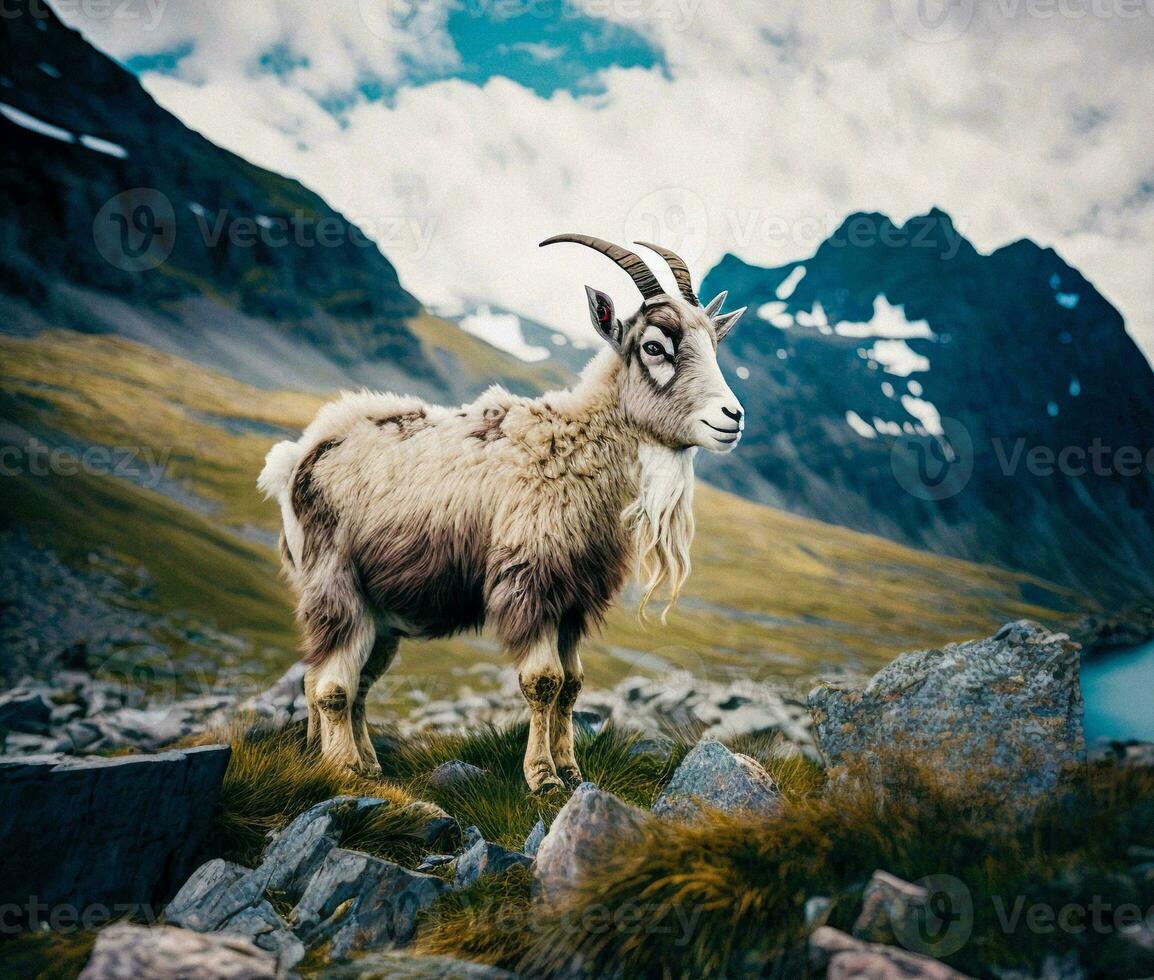 alpin Majestät ai generiert Bild von Steinbock mit Berg Hintergrund foto