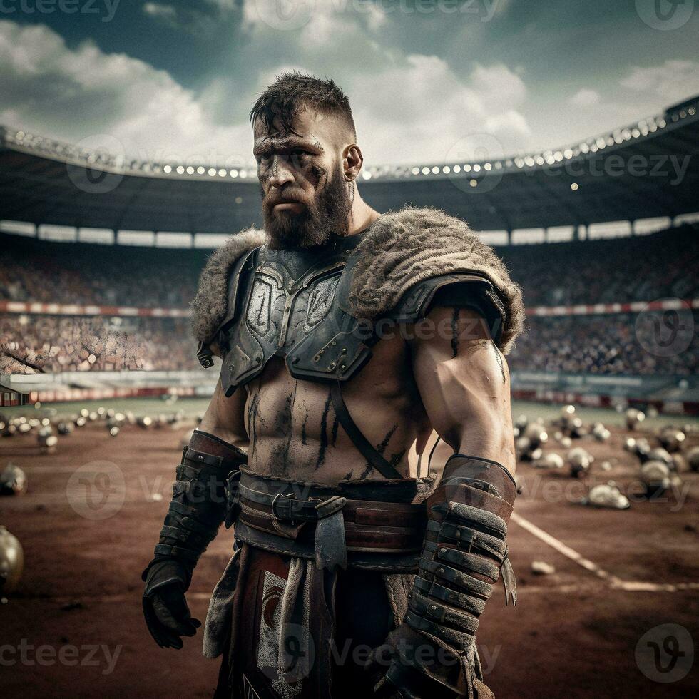 modern Wikinger Gladiator beim ein amerikanisch Fußball Stadion. generativ ai. foto