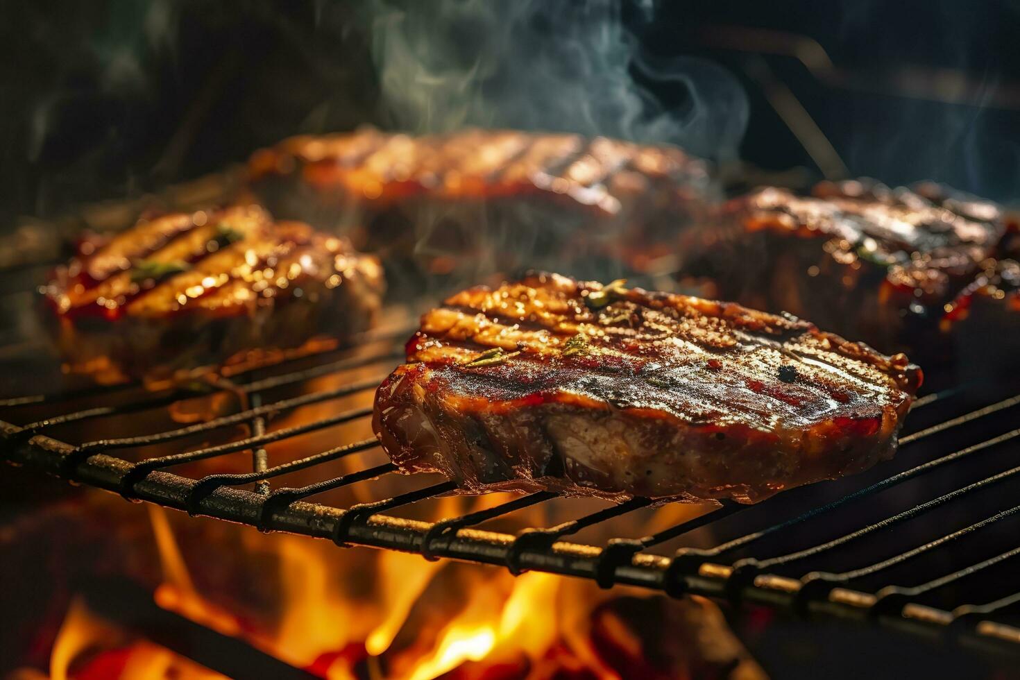 Fleisch Grillen auf ein Holzkohle Grill mit Rauch steigend. ai generiert foto