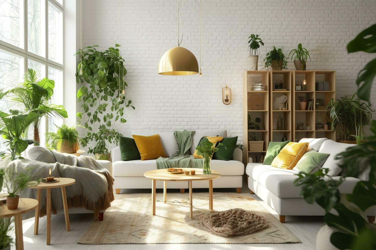 Innere von Leben Zimmer mit Sofas, Tische, und Zimmerpflanzen. ai generiert foto