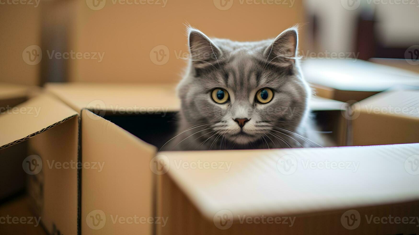 schließen oben von grau Katze Sitzung im Karton Box und suchen beim Kamera ai generativ foto