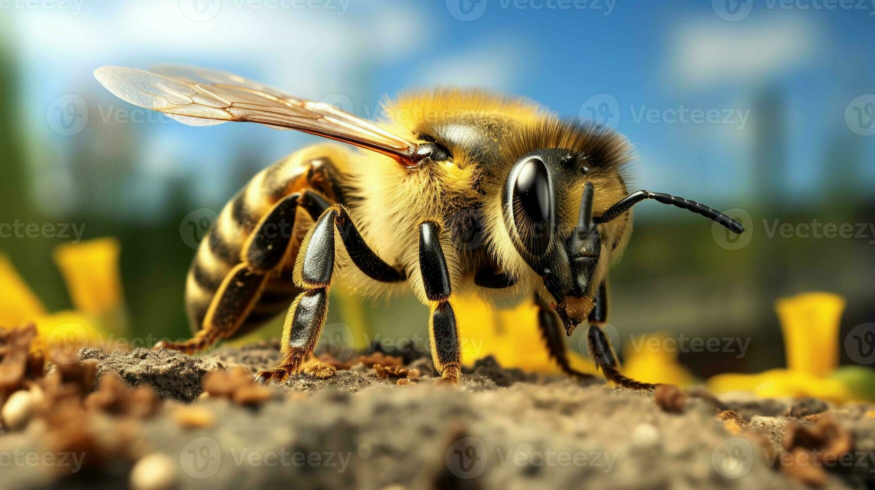 schließen oben von ein beschwingt Biene Sammeln Nektar. Naturen fleißig Arbeiter foto