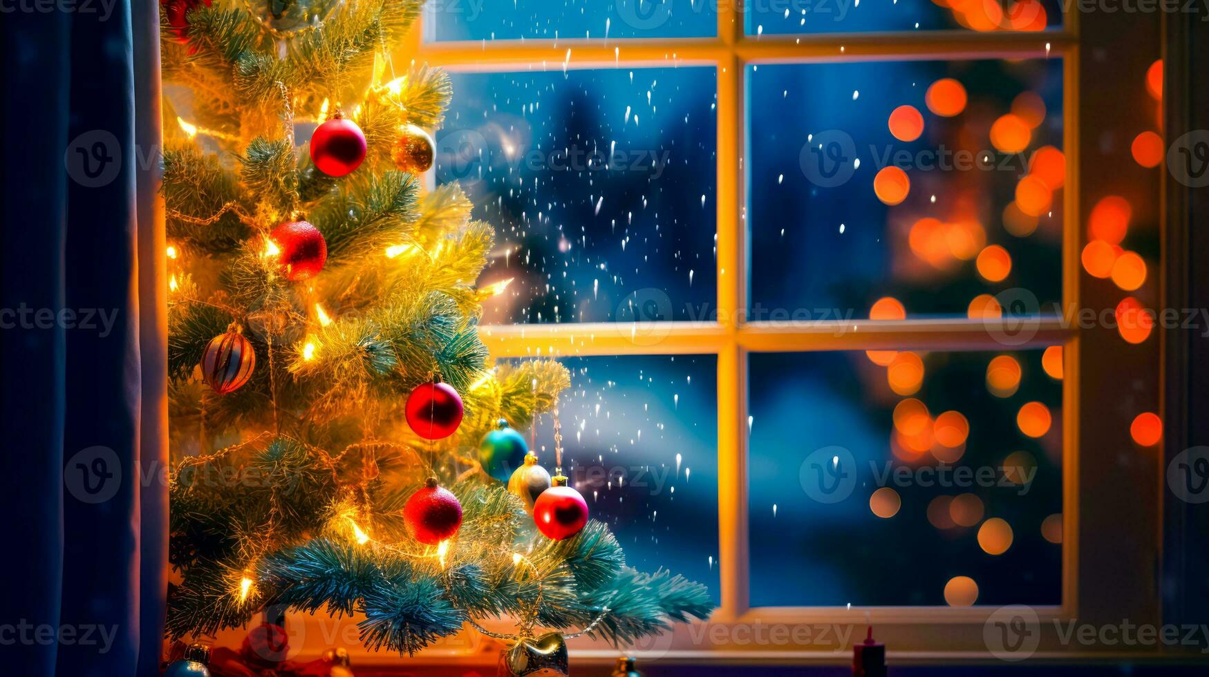 Weihnachten Baum im Vorderseite von Fenster mit Schnee fallen Nieder auf Es. generativ ai foto