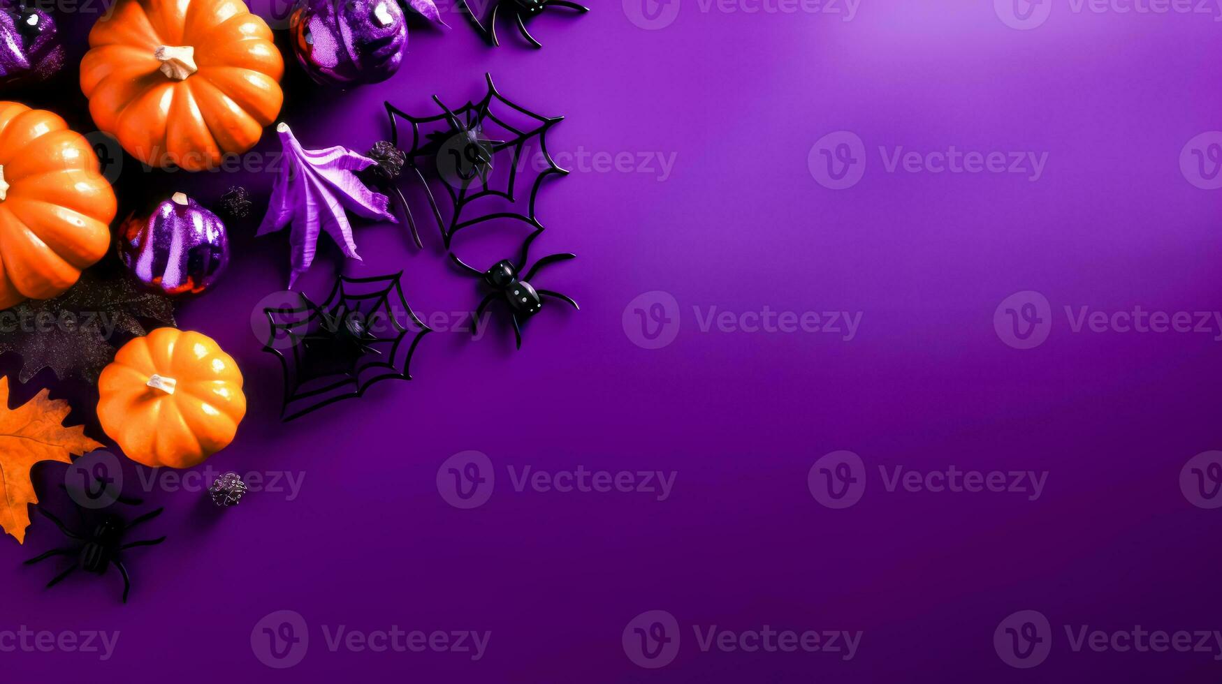 Halloween Dekorationen auf lila Hintergrund mit Spinne, Kürbisse und Fledermäuse. generativ ai foto