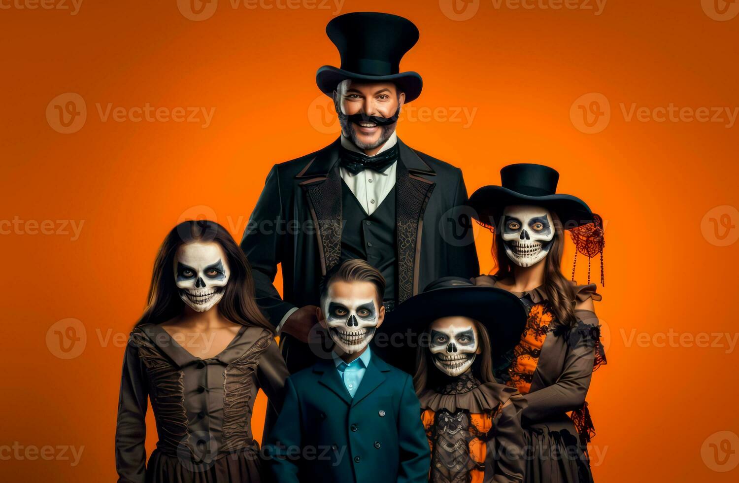 Gruppe von Menschen gekleidet oben im Skelett bilden zum Halloween Foto schießen. generativ ai