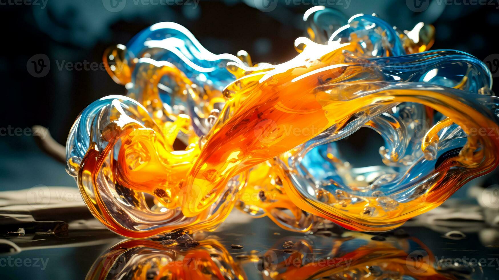 schließen oben von Glas Skulptur von Fisch auf reflektierend Oberfläche. generativ ai foto