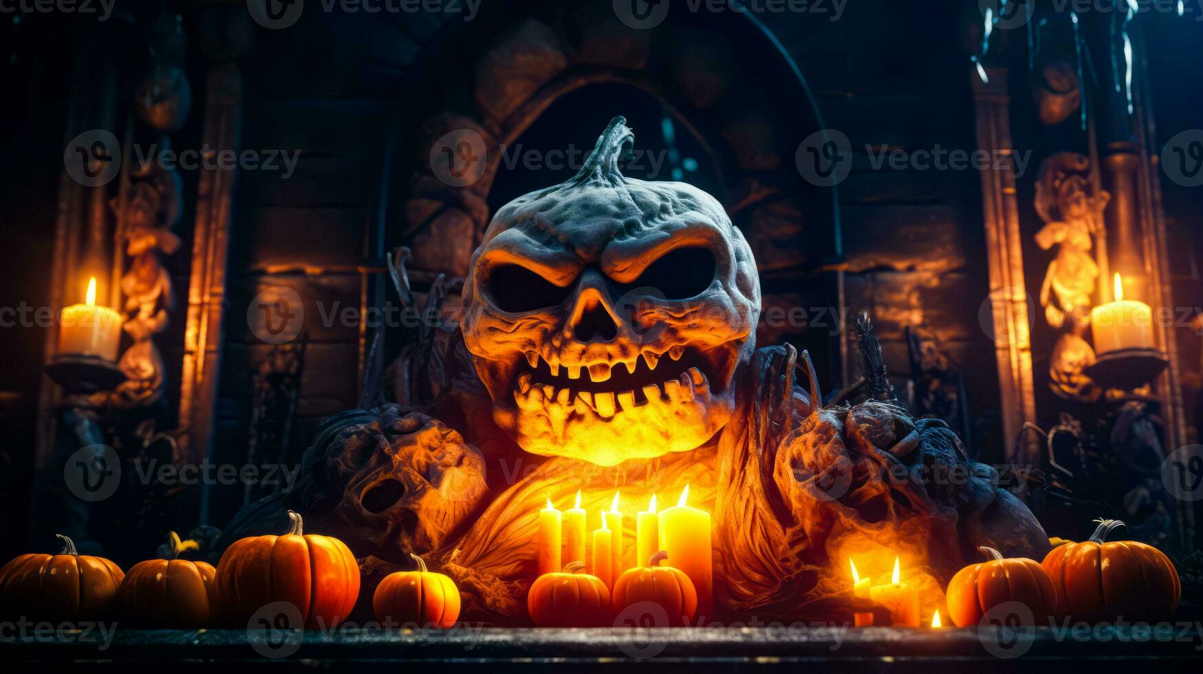 Kürbis mit unheimlich Gesicht umgeben durch Kürbisse und Kerzen im Vorderseite von Kamin. generativ ai foto
