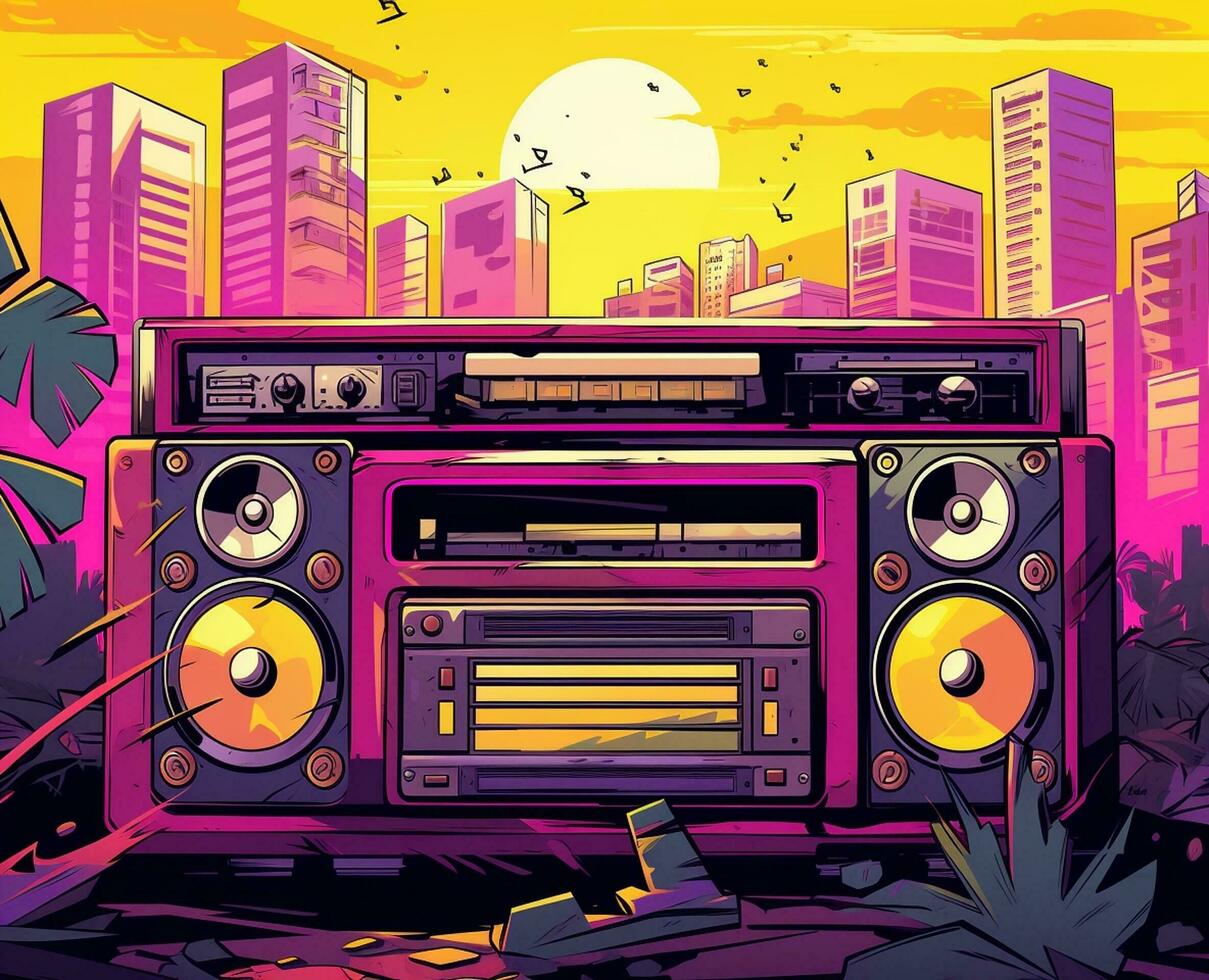 ai generiert Kassette Aufzeichnung Illustration Radio Boombox alt Boom Pop Box Musical Stil Stereo Design retro Band Disko Lautsprecher Kunst Jahrgang skizzieren Audio- Klang foto