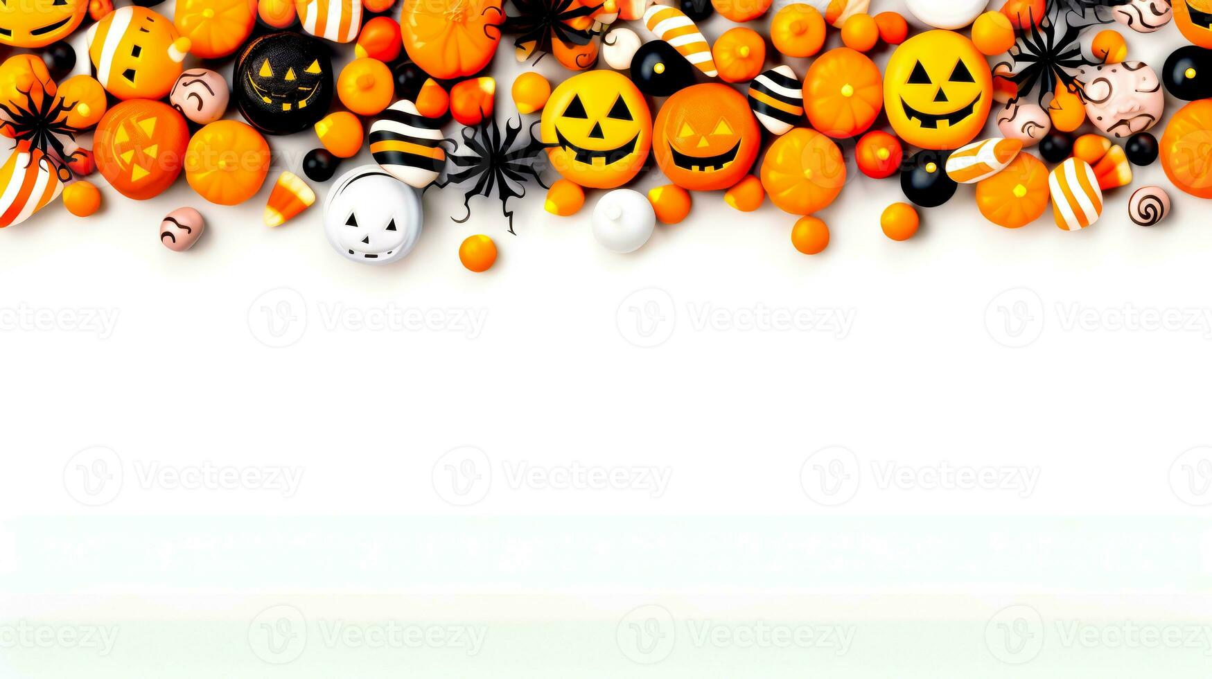 Stapel von Halloween Dekorationen auf oben von Weiß Tabelle mit Weiß Hintergrund. generativ ai foto