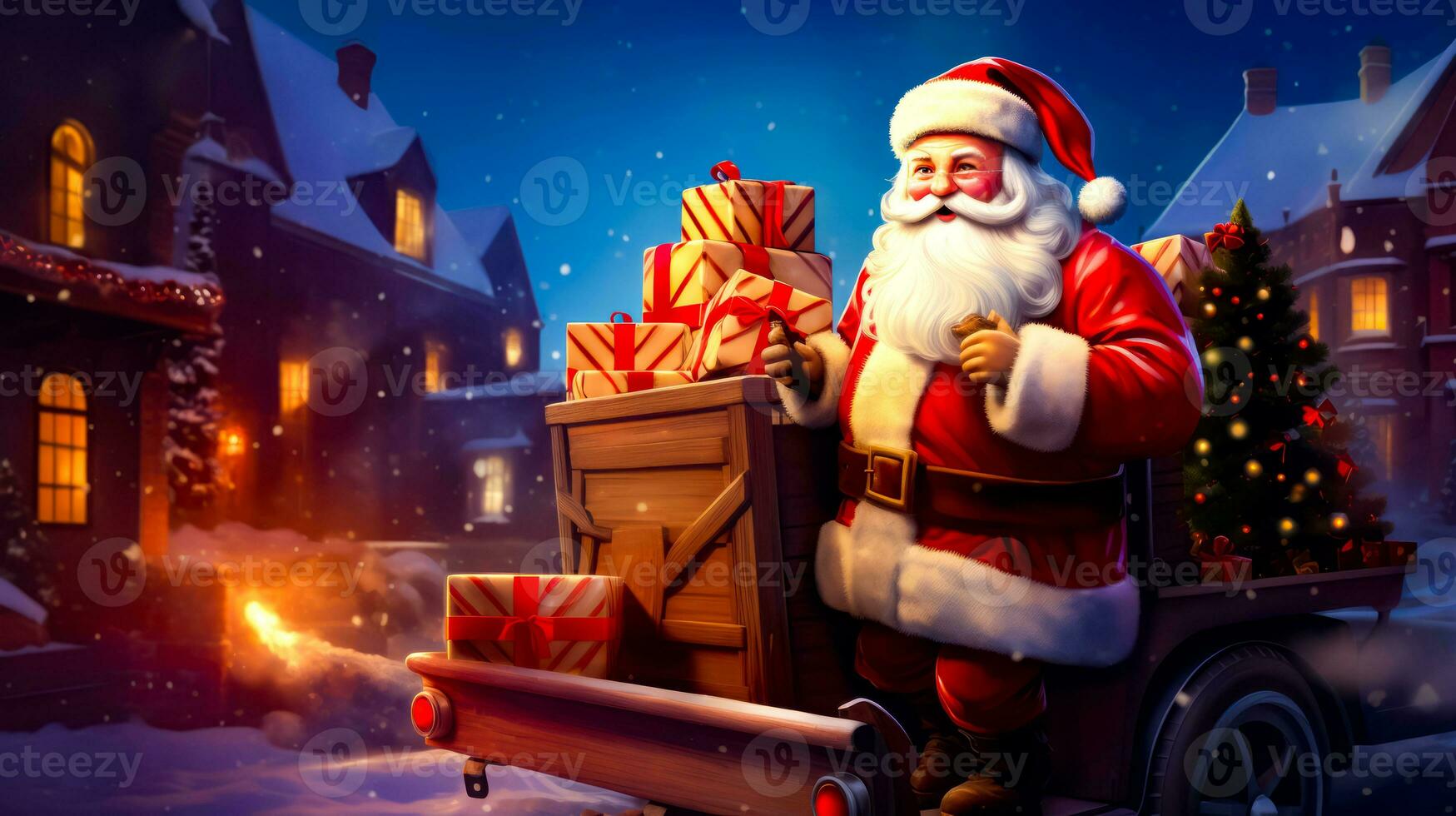 Santa Klausel halten Stapel von die Geschenke im Vorderseite von Weihnachten Szene. generativ ai foto