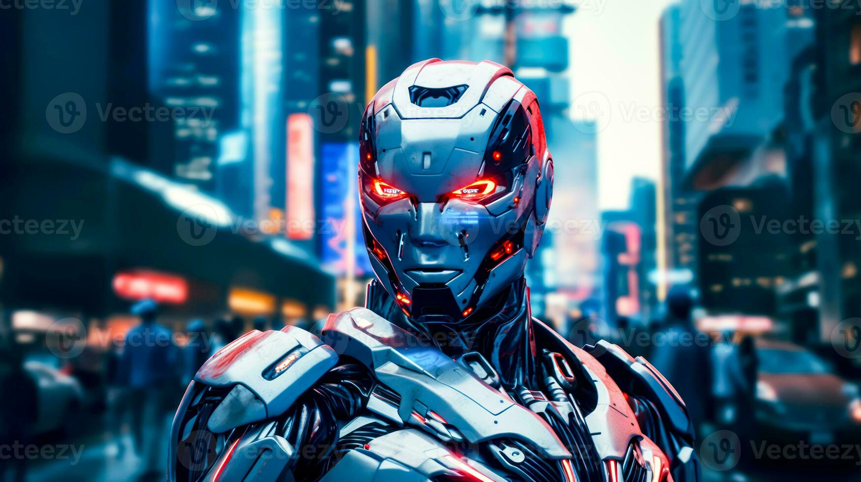 Mann im futuristisch passen mit rot Augen und Stadt im das Hintergrund. generativ ai foto