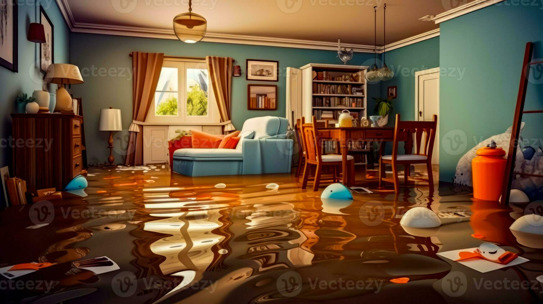 überflutet Leben Zimmer gefüllt mit Möbel und Essen Zimmer gefüllt mit Möbel. generativ ai foto