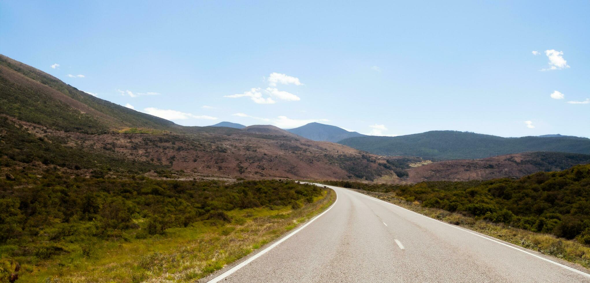 lange Straße im das Landschaft beide Seiten von das Straße sind gefüllt mit Bäume und Natur lange Reisen auf Ferien foto