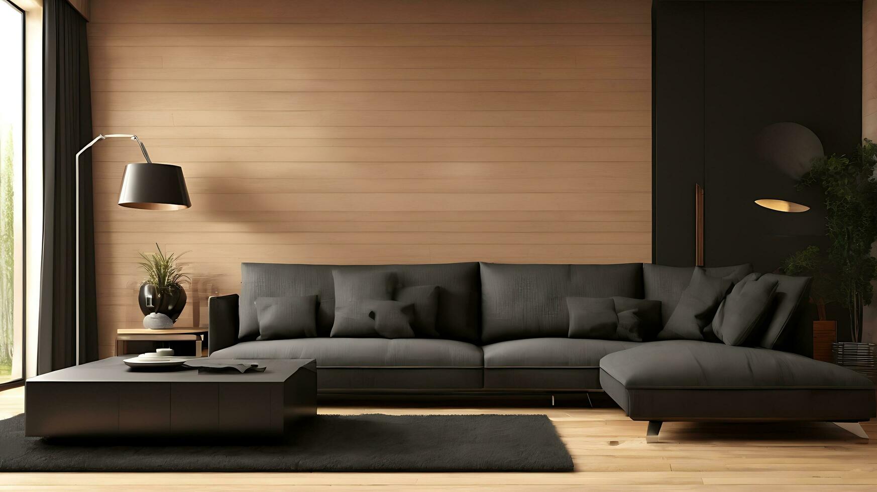 modern Innere mit schwarz Sofa und Parkett Fußboden 3d Rendern foto