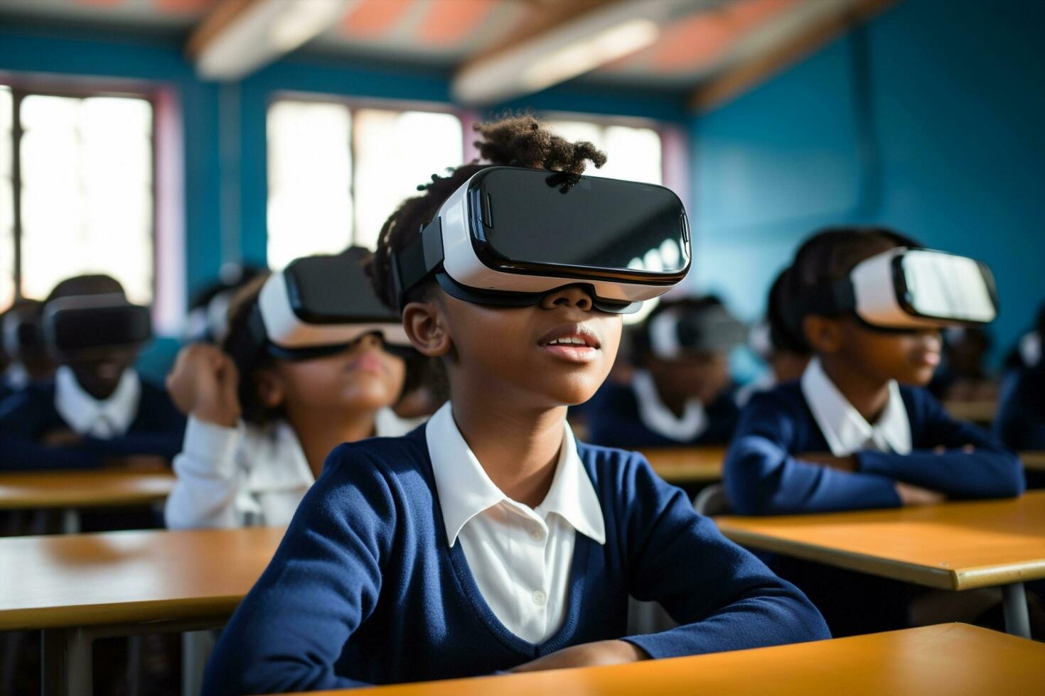 ai generiert Studenten vr Gerät Innovation Lektion lehrreich Technologie jung Klassenzimmer Technik Menschen studieren Spaß Mädchen lernen lächelnd Headset Schulung zusammen foto