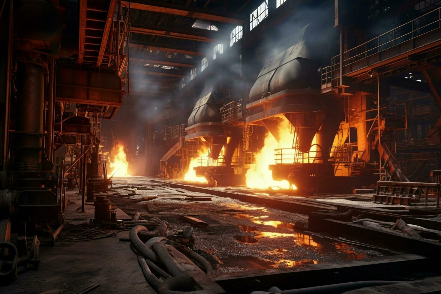 ai generiert Pflanze Mühle Arbeit metallurgisch industriell Fabrik Stahl heiß Ofen Ausrüstung Hitze schmelzen Eisen Gießen metallisch Metallurgie Produktion schmelzen Feuer Gießerei Herstellung schwer foto