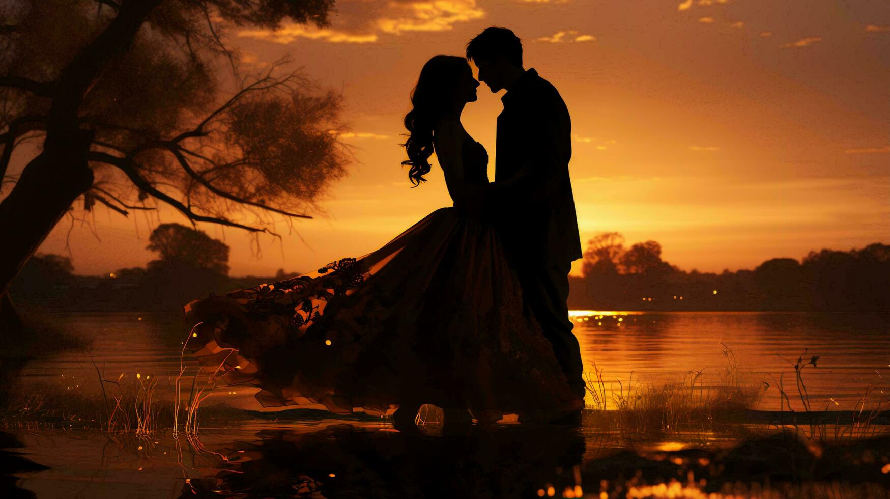 Silhouette von ein Paar von Jungvermählten im Liebe beim Sonnenuntergang gegen das Hintergrund von ein Fluss, das Konzept von Hochzeit und Liebe foto