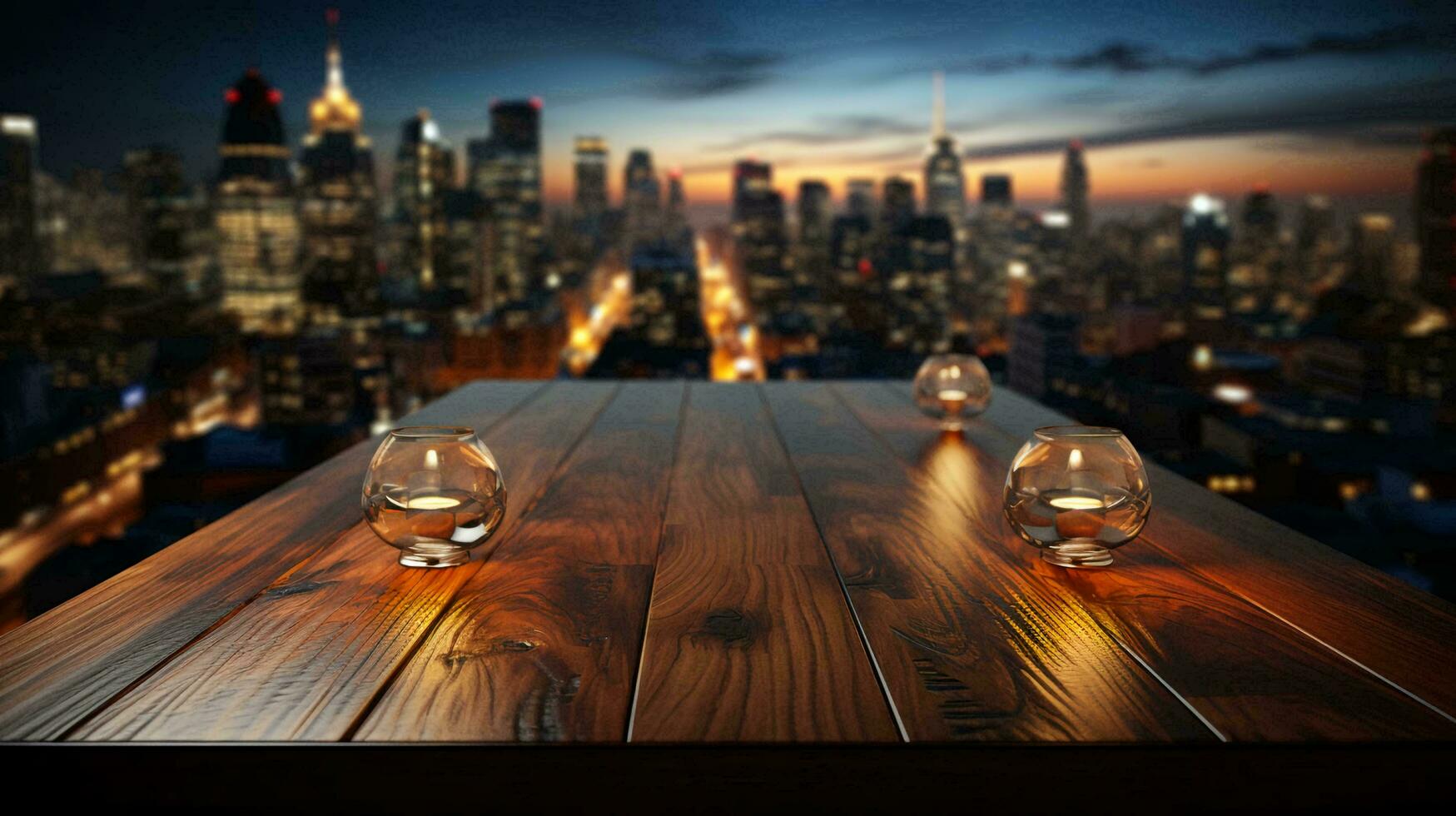KI-generiert Oberfläche von hölzern Tabelle und Aussicht von groß modern Stadt von über Hintergrund foto