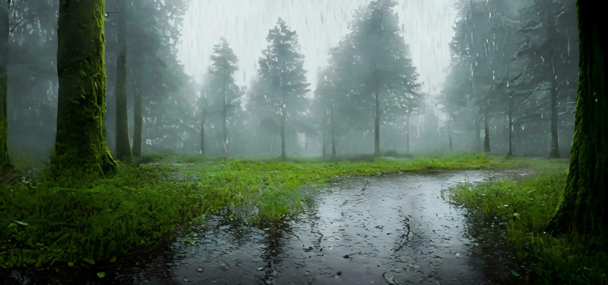 Pfad im das Wald auf ein regnerisch Tag mysteriös nass Wald Fernbedienung Landschaft foto