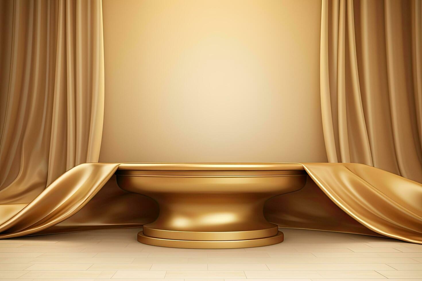 golden Podium mit Gold Vorhänge und Vorhang. Vektor Hintergrund, golden luxuriös Stoff oder Stoff platziert auf oben Sockel oder leer Podium Regal auf Gold Hintergrund, ai generiert foto