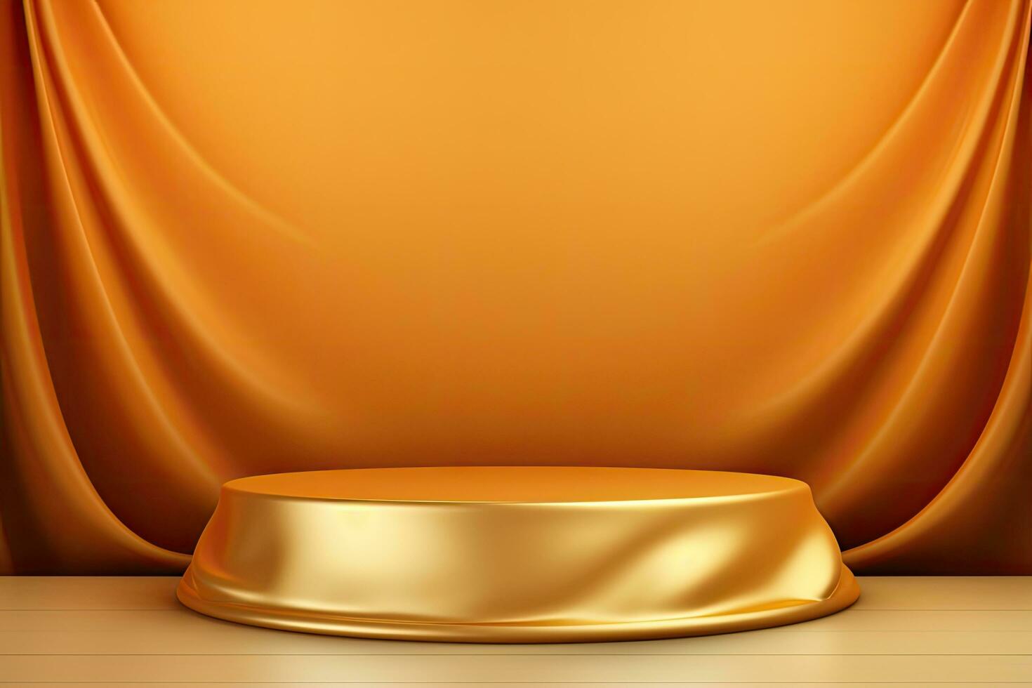 golden Podium auf Orange Hintergrund. 3d Wiedergabe. spotten hoch, golden luxuriös Stoff oder Stoff platziert auf oben Sockel oder leer Podium Regal auf Gold Hintergrund, ai generiert foto