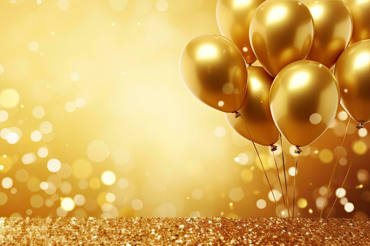 Gold Party Luftballons Hintergrund mit Bokeh Beleuchtung. 3d Illustration, golden Luftballons und Konfetti auf ein golden Hintergrund. 3d Wiedergabe, ai generiert foto