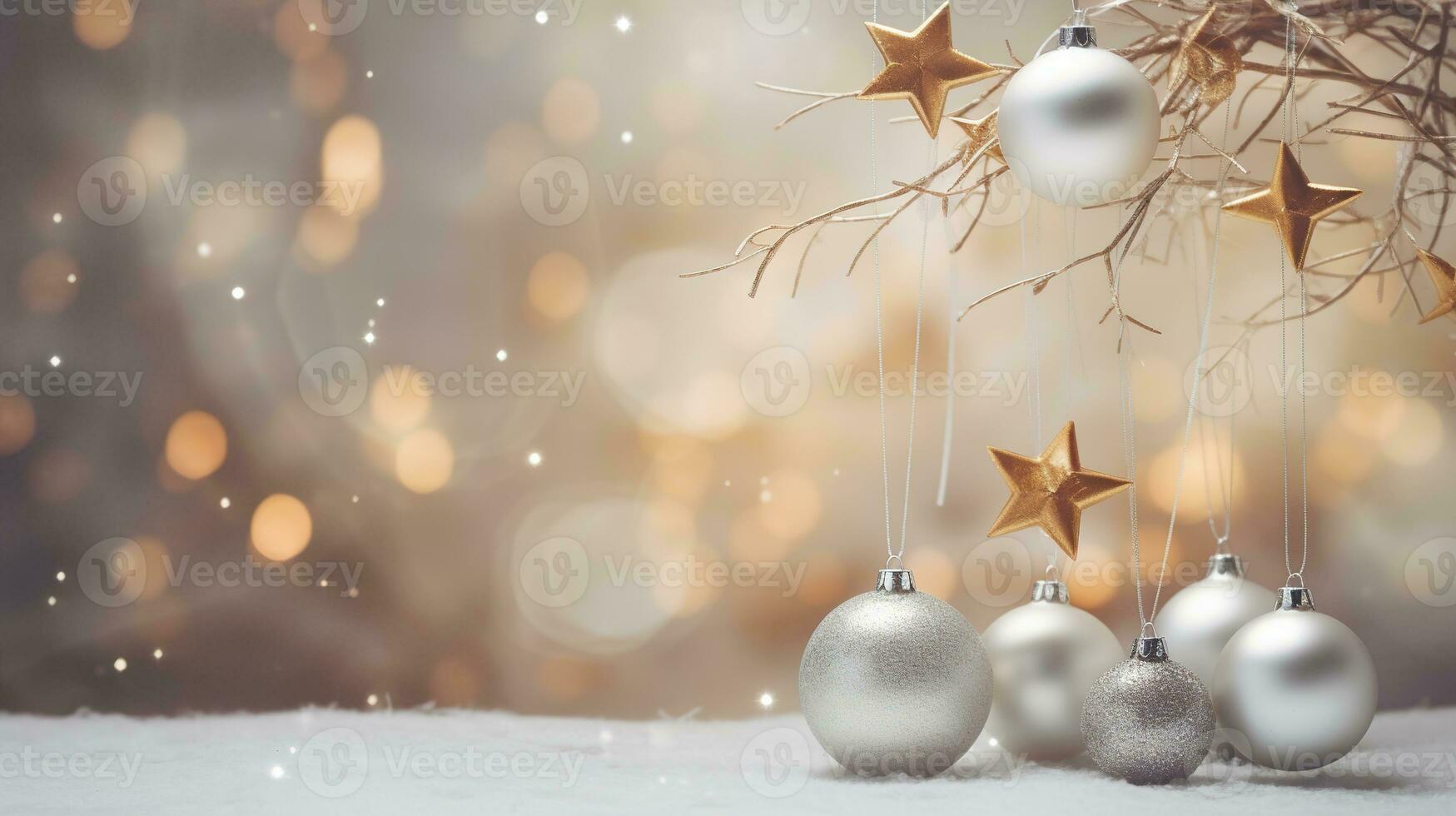 generativ ai, Weihnachten oder Neu Jahr minimalistisch Hintergrund mit Geschenk Kisten, Silber und golden Bokeh Beleuchtung, stumm geschaltet Farben foto