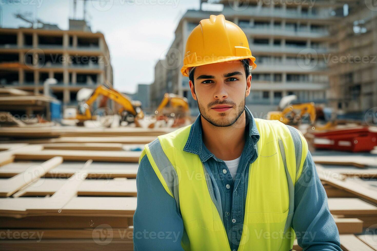 Nahansicht von jung männlich Konstruktion Ingenieur auf das Konstruktion site.generative ai. foto