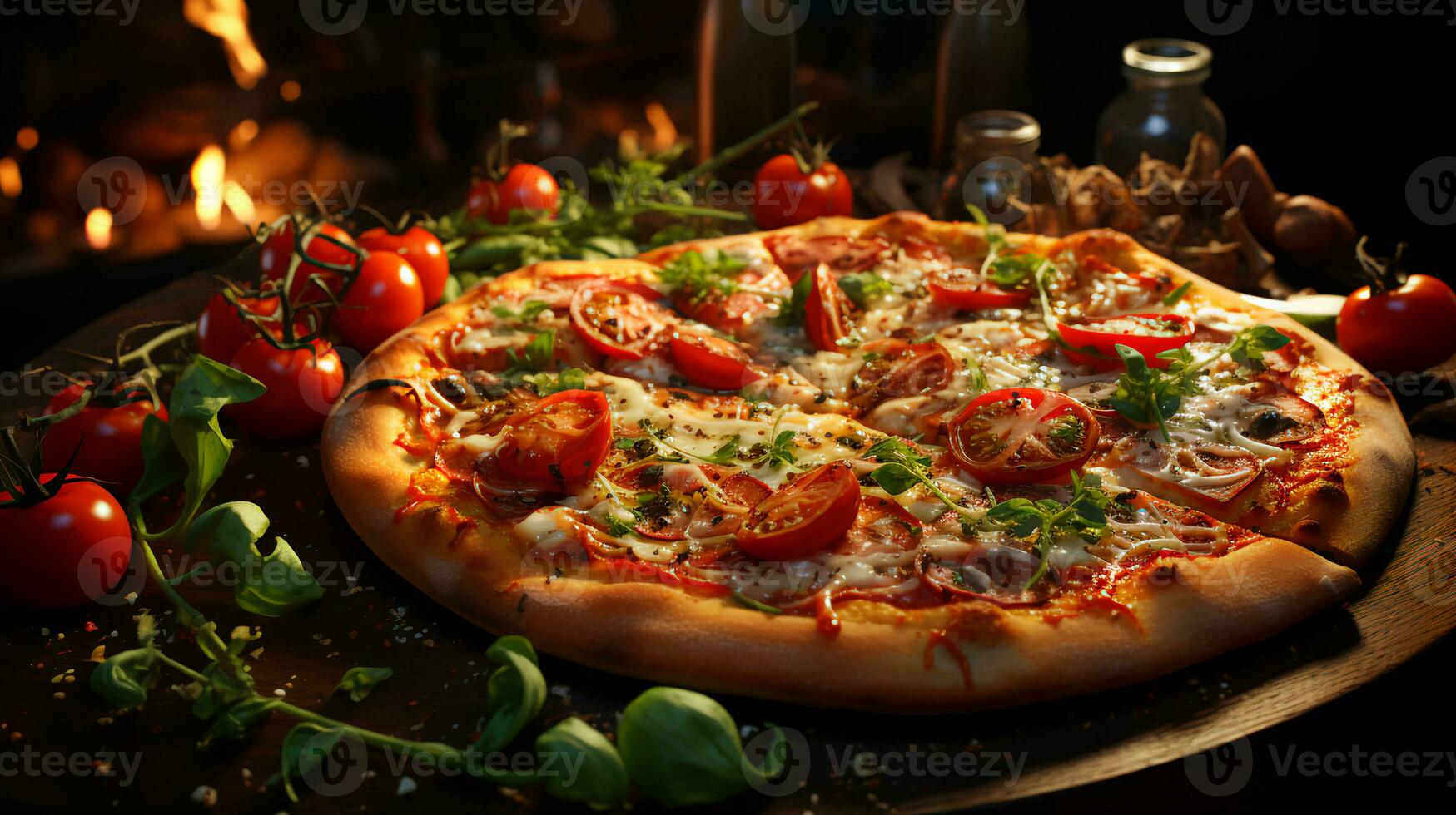 KI-generiert köstlich Italienisch Pizza mit Peperoni und Tomaten foto