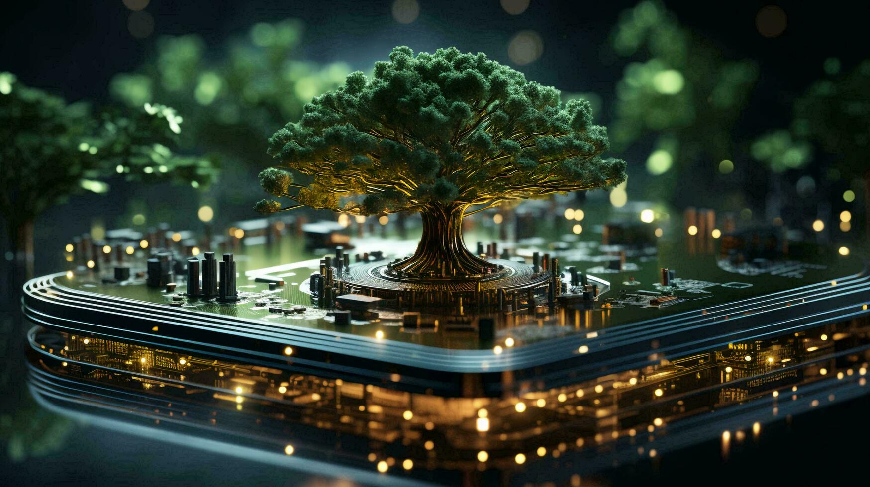 KI-generiert natürlich umweltfreundlich Baum und Computer Technologie auf ein abstrakt Hightech futuristisch Hintergrund von Mikrochips und Computer Schaltkreis Bretter mit Transistoren foto