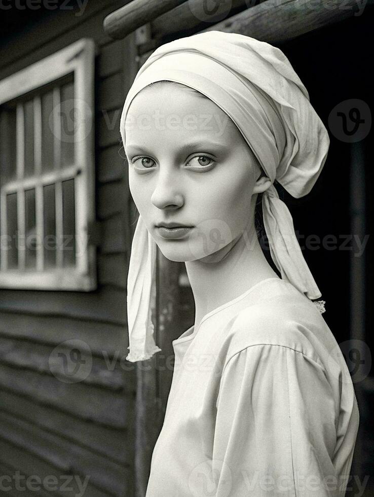 belastbar Schönheit jung Frau mit Kopftuch, Mädchen mit ein Perle Ohrring Stil, großartig Depression Epoche generativ ai foto