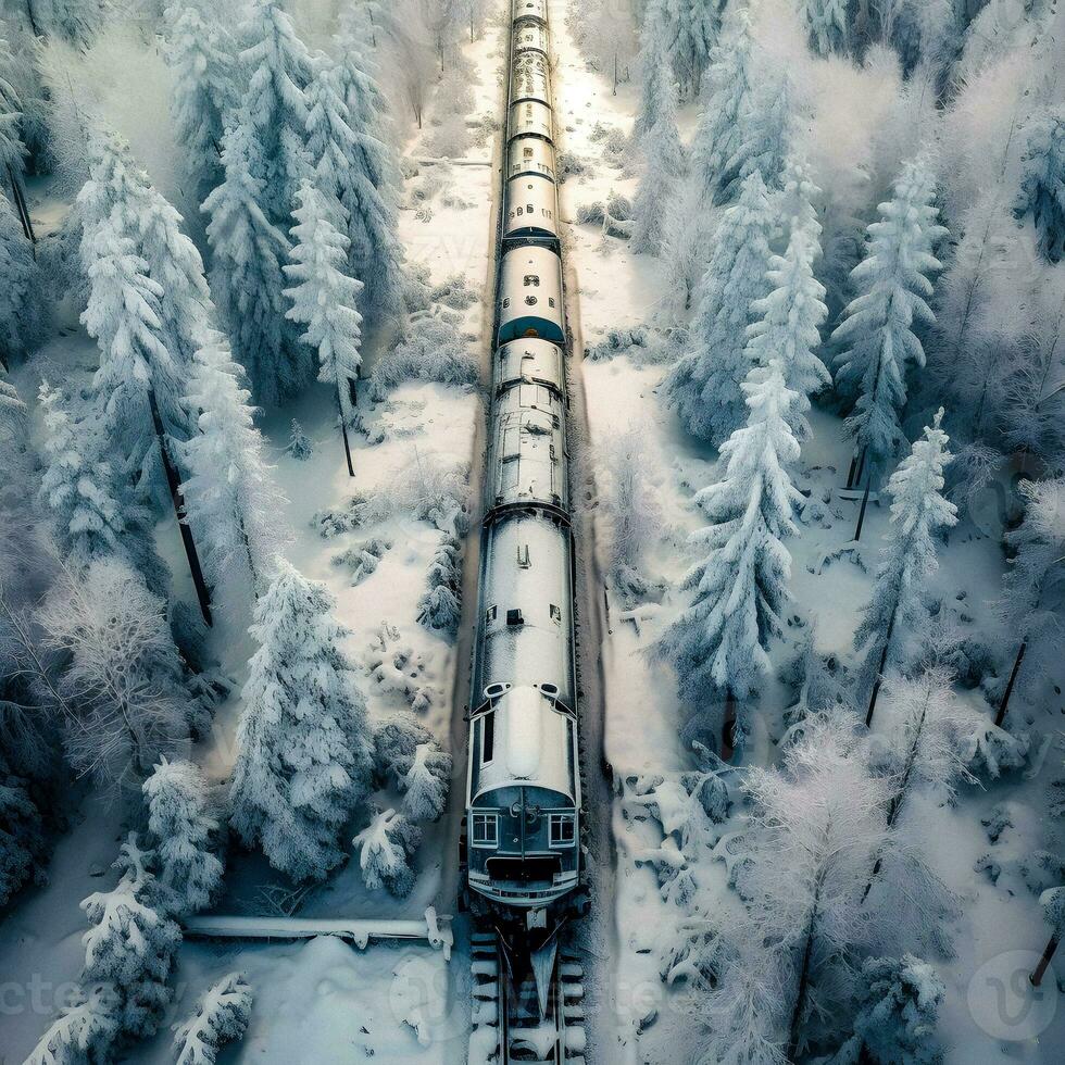 Antenne Aussicht von Zug im schneebedeckt Winter Wald. generativ ai. foto