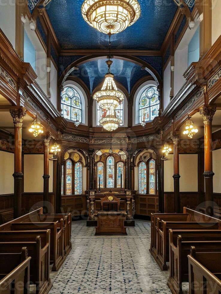 Innere von ein Englisch Synagoge im das Stil von Fürsten Straße Synagoge im Liverpool generativ ai foto