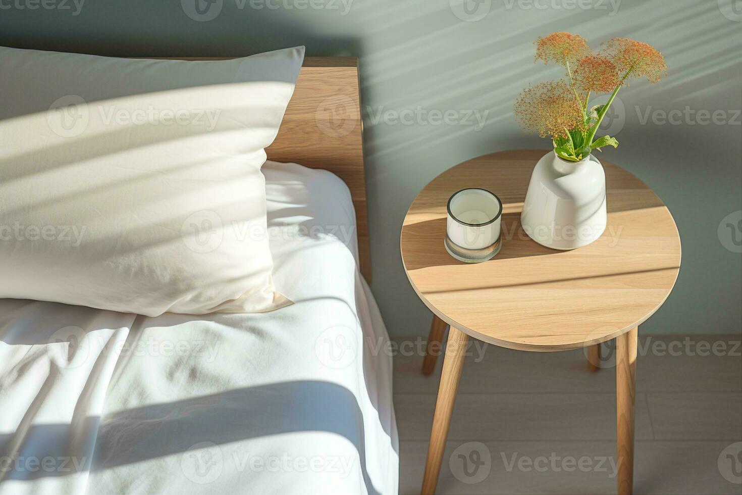 hölzern runden Tabelle mit ein Vase von getrocknet Blumen Nächster zu das Weiß Bett im das Schlafzimmer. das hell Morgen Sonne leuchtet das Innere, ai generiert. foto