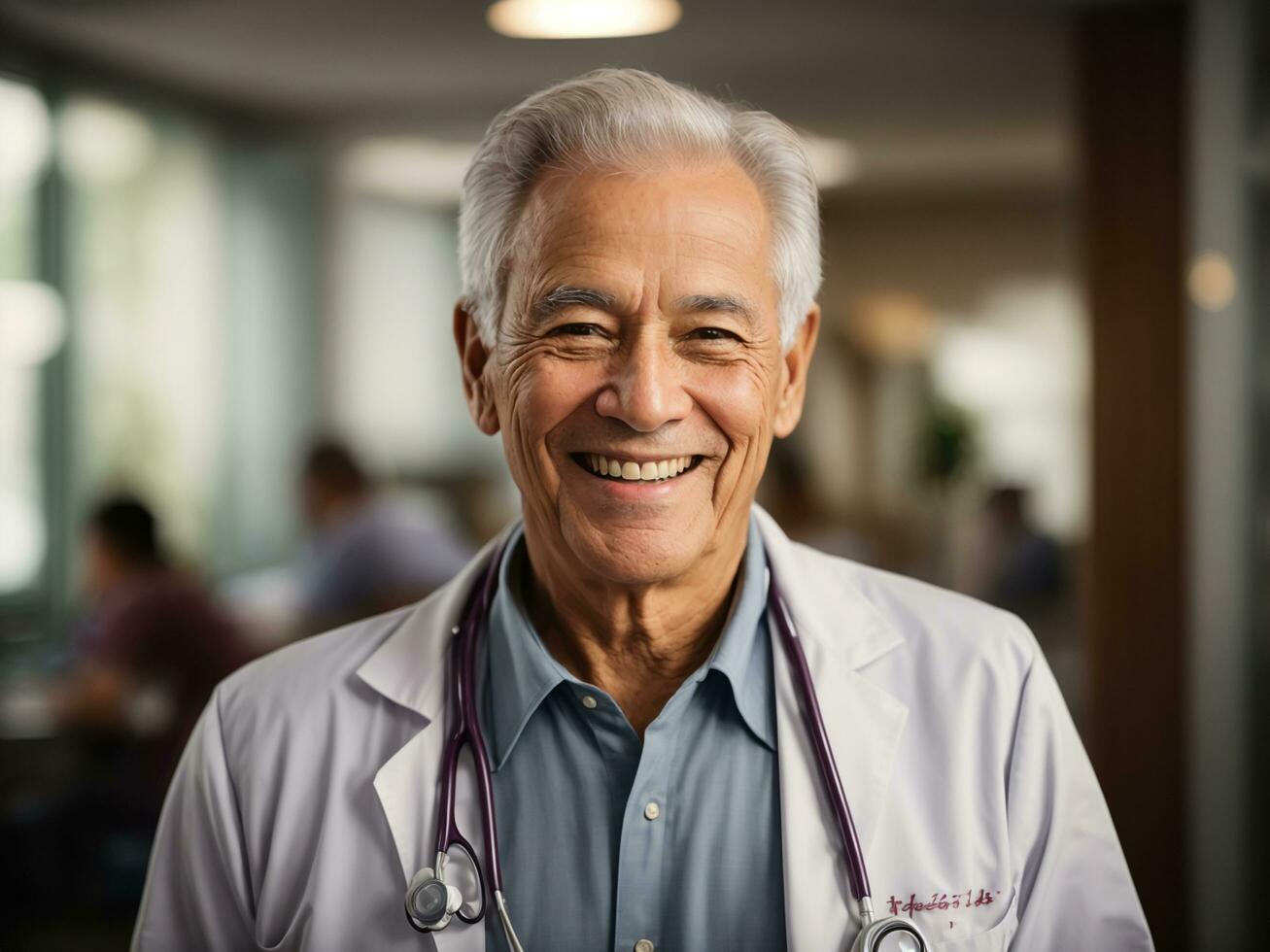 Porträt von ein glücklich Alten Arzt mit Krankenhaus Hintergrund, genießen Arzt, Gesundheit Pflege Konzept, ai generativ foto