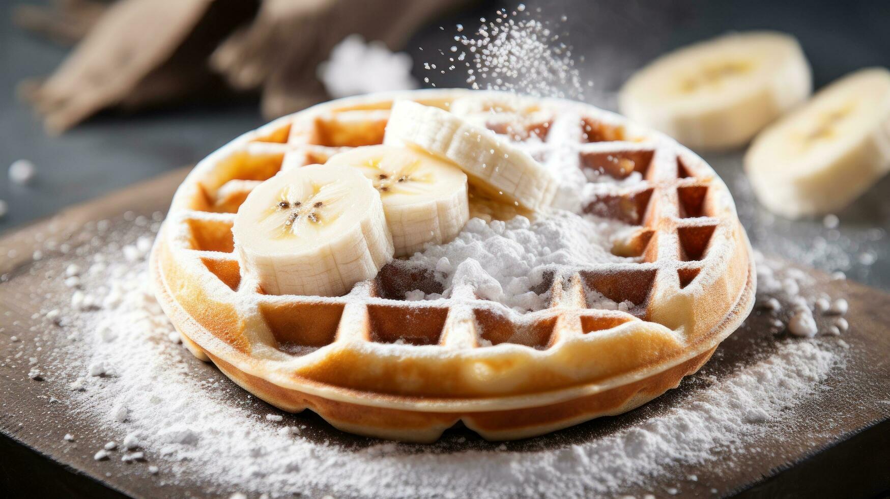 ein Single Waffel mit geschnitten Bananen und ein Abstauben von pow foto