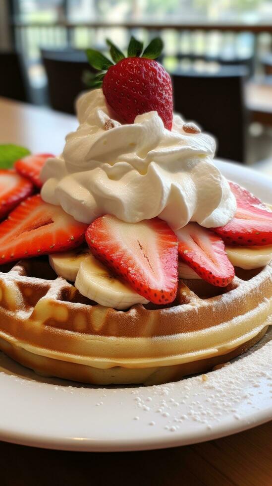 ein lecker Waffel mit geschnitten Bananen Erdbeeren foto