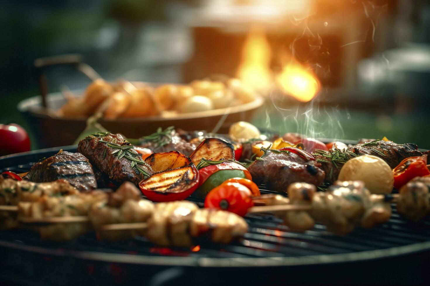 Grill Essen Party Sommer- Grillen Fleisch im das Nachmittag von Wochenende glücklich Party. ai generativ foto