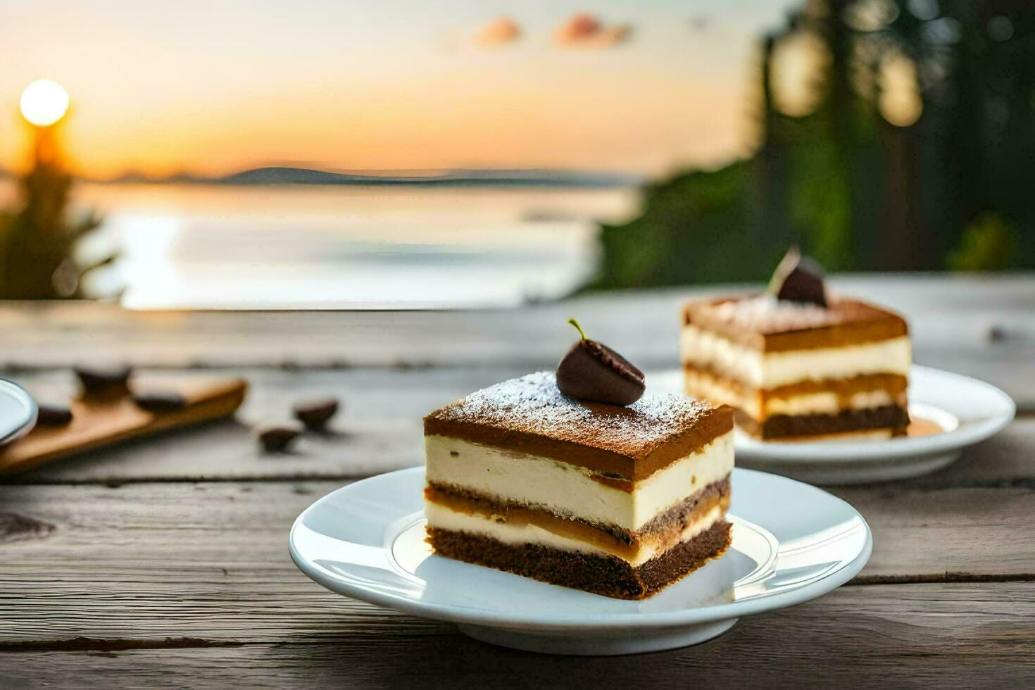 zwei Stücke von Kuchen auf Platten mit ein Sonnenuntergang im das Hintergrund. KI-generiert foto