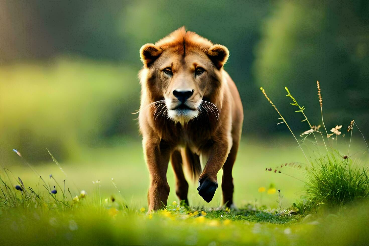 ein Löwe Gehen durch ein Feld von Gras. KI-generiert foto