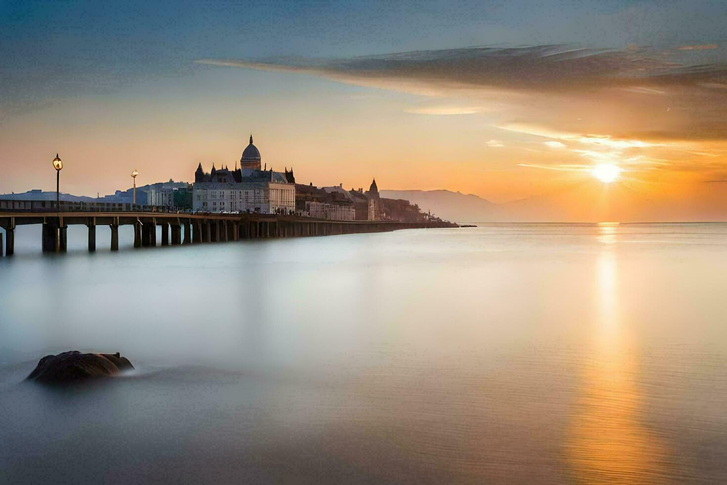 das Sonne setzt Über ein Seebrücke und ein Gebäude. KI-generiert foto