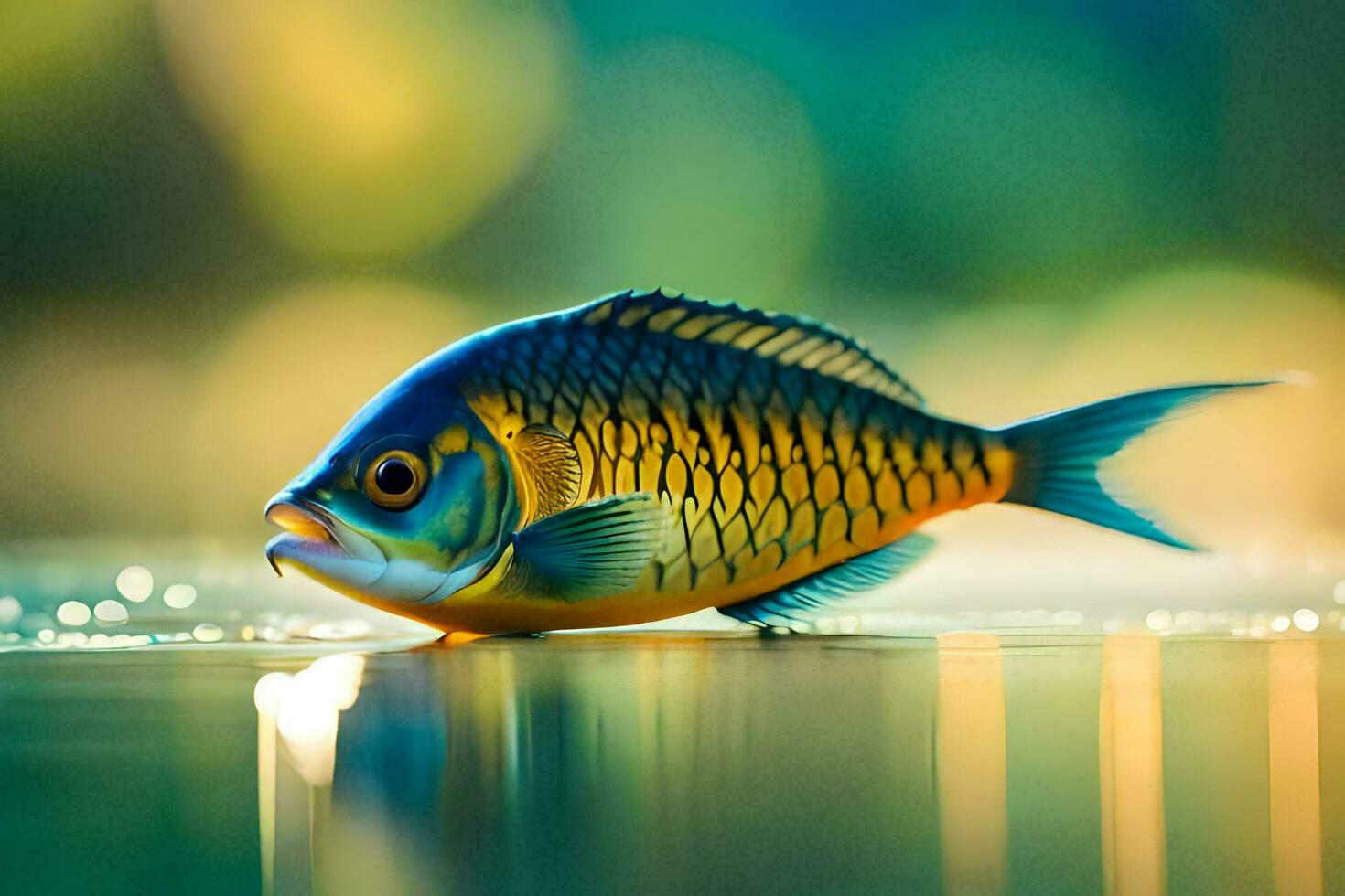 ein Fisch ist Stehen auf das Wasser mit ein verschwommen Hintergrund. KI-generiert foto