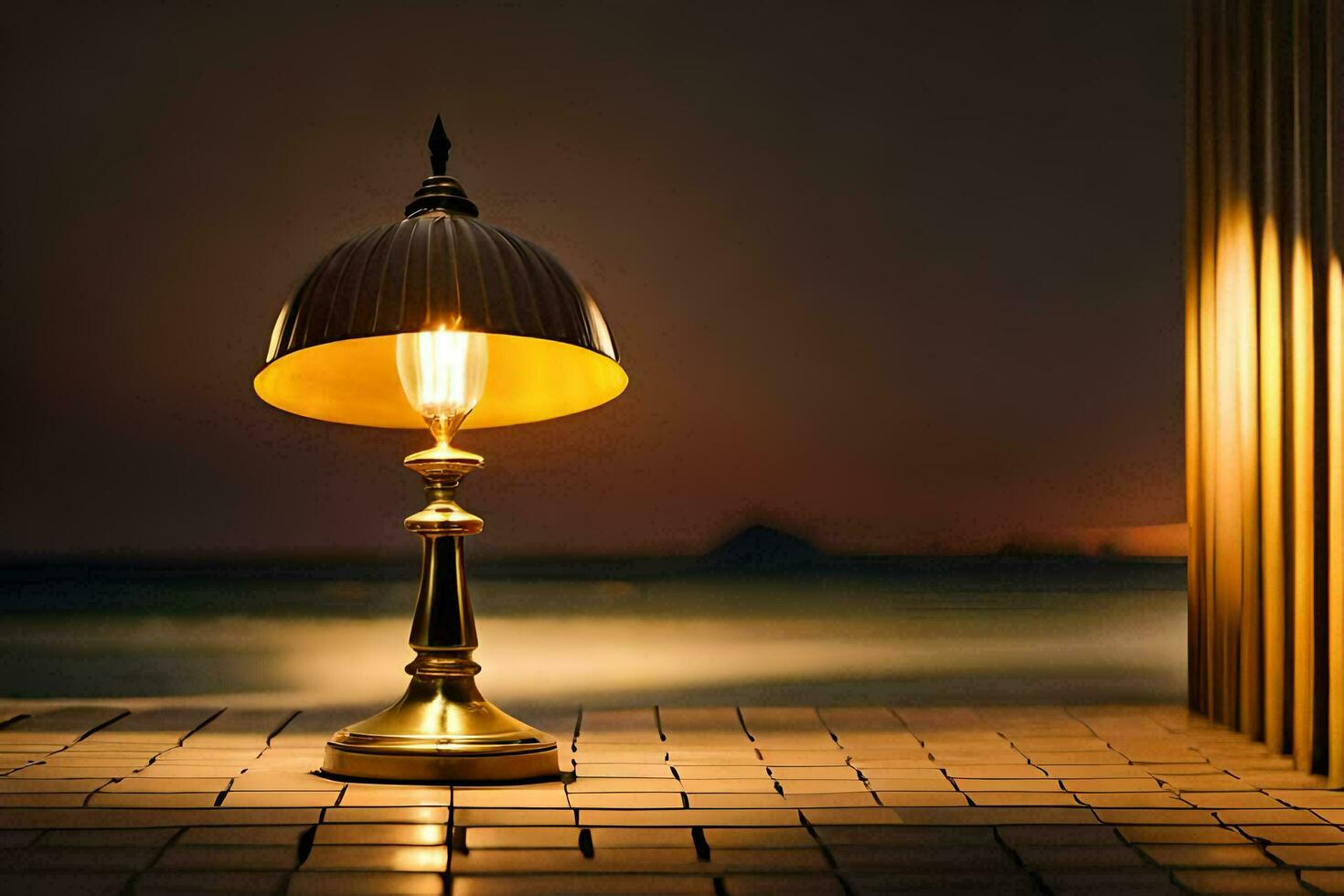 ein golden Lampe auf ein Backstein Gehweg in der Nähe von das Ozean. KI-generiert foto