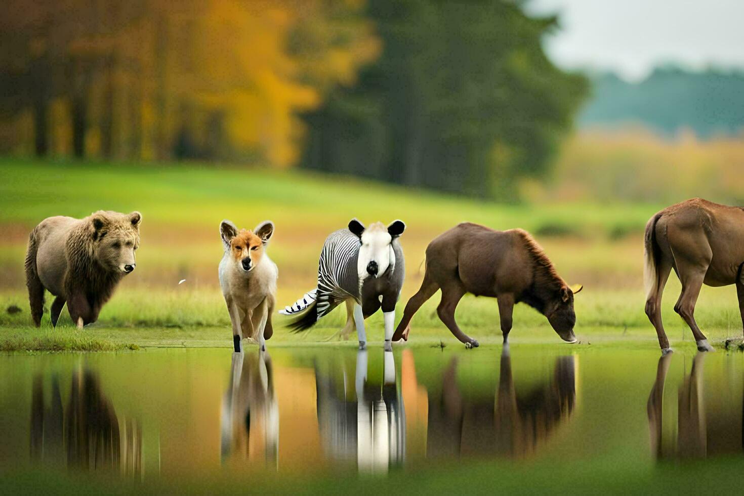 ein Gruppe von Tiere Gehen im das Wasser. KI-generiert foto